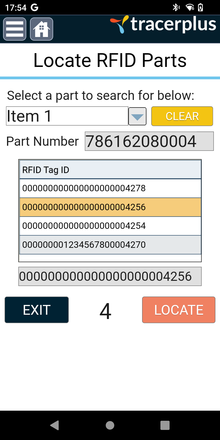 Locate RFID Parts Screen